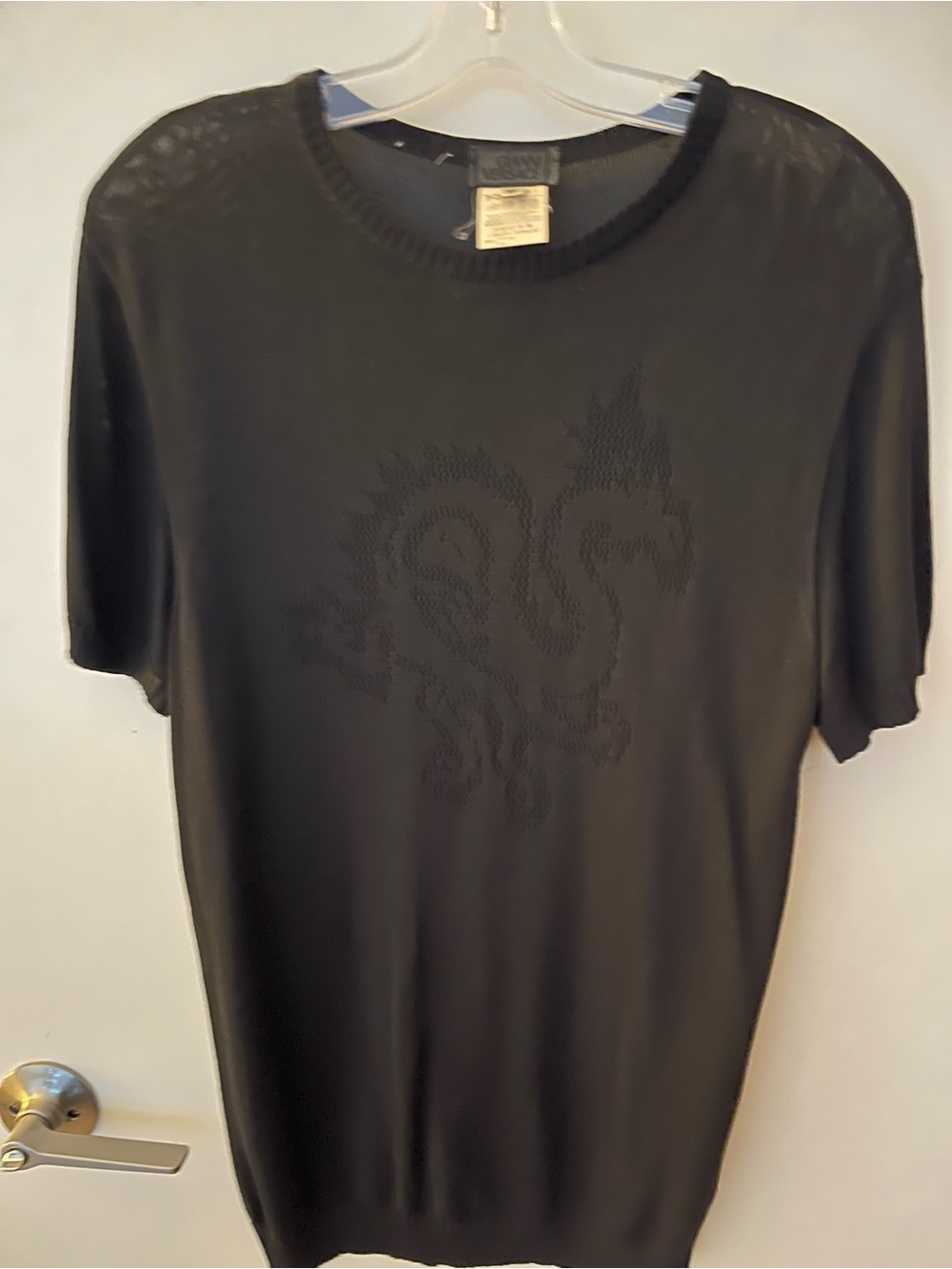 Versace Black Short-Sleeve Knit Tee with Tonal Dragon Motif